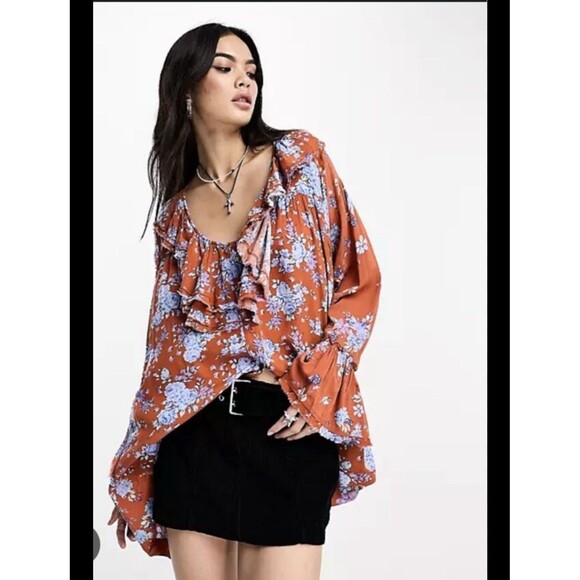 Free People Tops - Free‎ People Womans Orange Blue Floral Loretta tunic top Medium Long Sleeve Boho